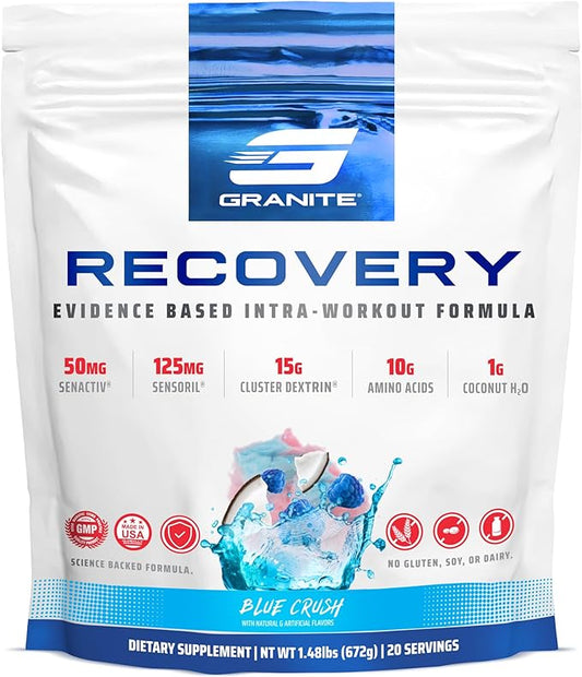 Granite Recovery Intra and Post-Workout Supplement, Blue Crush Flavor, with 10g Aminos, Electrolytes, Cluster Dextrin, & Sensoril, Supports Muscle Recovery & Growth (20 Servings)