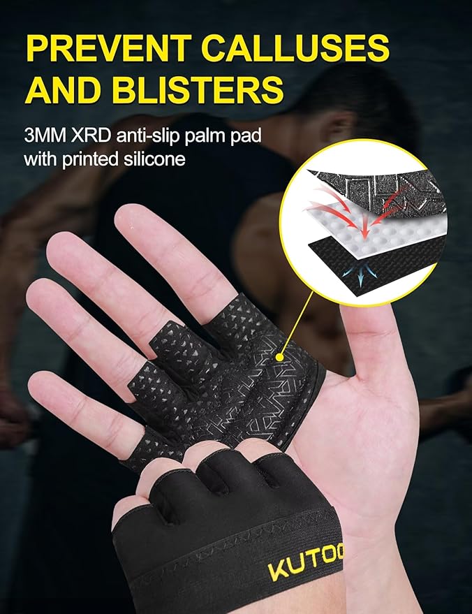 KUTOOK Weight Lifting Workout Gloves for Men/Women, 3mm XRD Padding Grip Gym Gloves, Breathable Partial Gloves for Calluses, Weightlifting Gloves for Exercise, Kettlebell, Pull-Ups, Cross Training