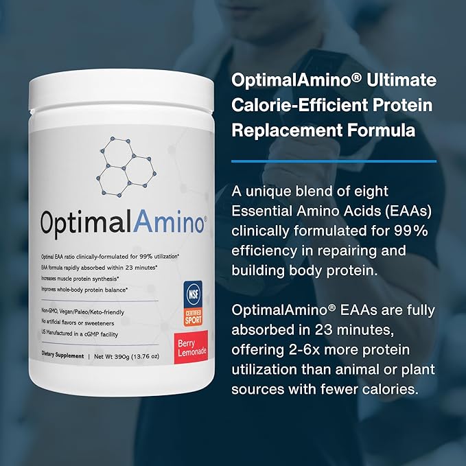 OptimalAmino® Best Pre/Post Workout Recovery Drink, 99% Utilization Essential Amino Acid Supplement, NSF Certified for Sport® Certified