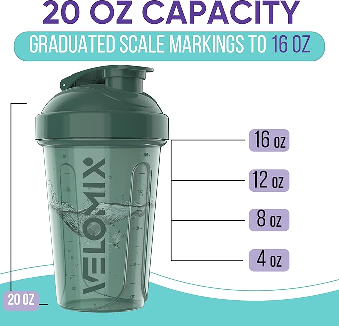 VELOMIX -4 PACK- 20 OZ Protein Shaker Bottles for Protein Mixes, Shaker Cups for Protein Shakes, Small Shaker Bottle Pack, Shaker Cup, Shakers for protein Shakes (Blue Mirage)