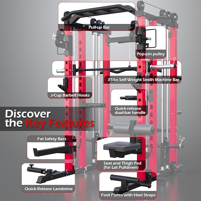Power Squat Rack Cage Home Gym, 2000lbs All in One Dual Cable Crossover Machine with LAT Pulldown Strength Training Power Cages with Pulley Workout System, Garage Bench Press