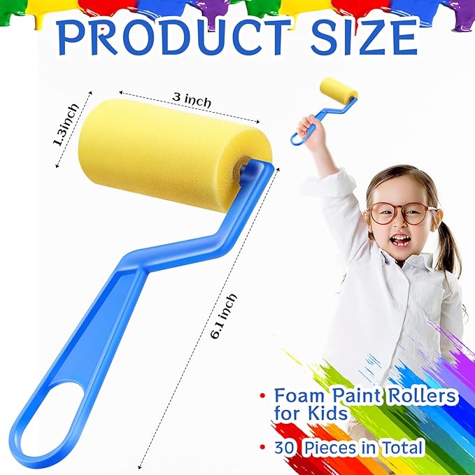 Tenceur 3 Inch Foam Paint Rollers Painting Sponge Roller Small Sponge Paint with Plastic Handle for Young Artists Kids Early Educational Graffiti Painting Art Craft Supplies(30 Pieces)