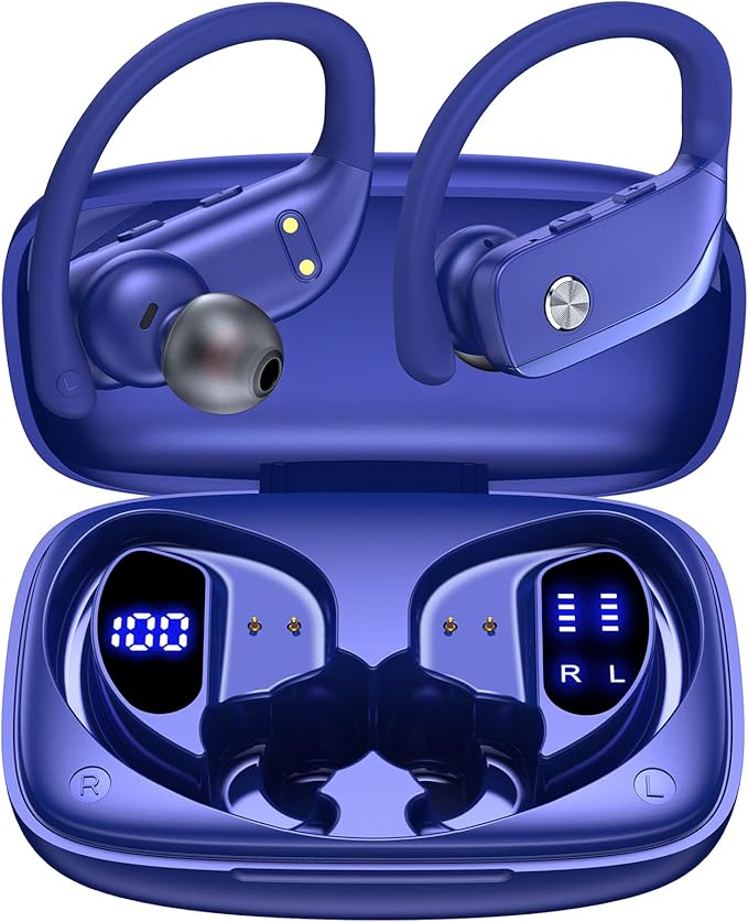 bmanl Wireless Earbuds Bluetooth Headphones 48hrs Play Back Sport Earphones with LED Display Over-Ear Buds with Earhooks Built-in Mic Headset for Workout Blue