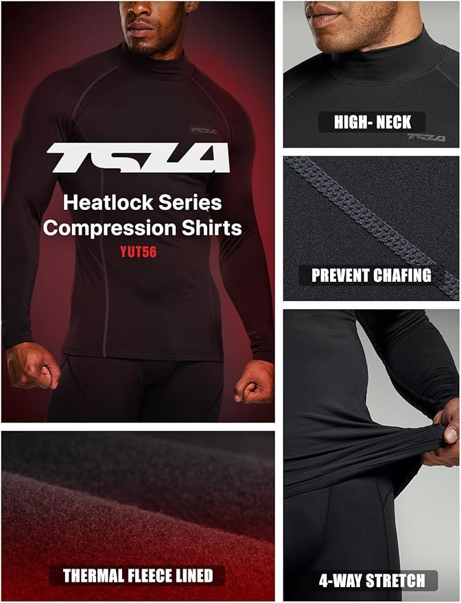 TSLA Men's Thermal Long Sleeve Compression Shirts, Mock/Turtleneck Winter Sports Running Base Layer Top