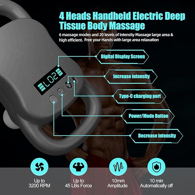 DEITY Massage Gun Deep Tissue, 4-Heads Handheld Electric Body Massager, Percussion Massager for Pain Relief in Back, Leg, Neck, Shoulder and Body, Relax Perfect Gifts for Man Women, Grey