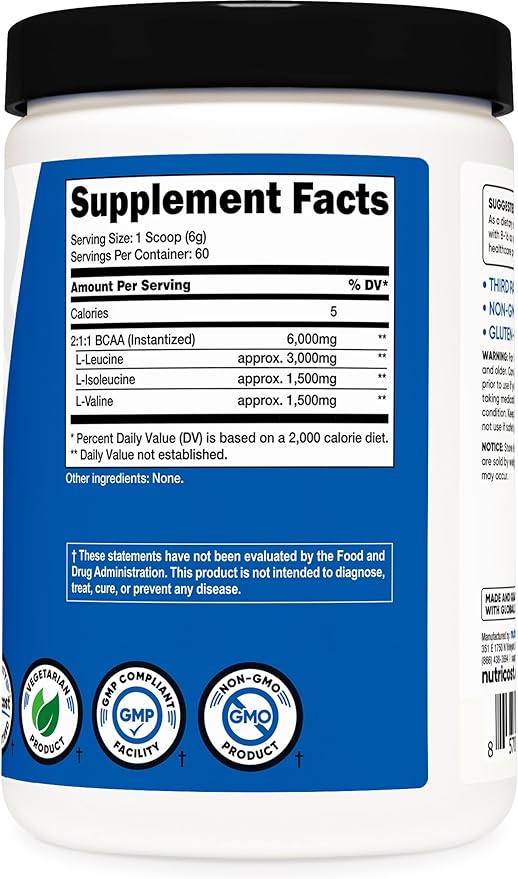 Nutricost BCAA Powder 2:1:1 (Unflavored, 60 Servings) - Vegetarian, Non-GMO, Gluten Free, Branched Chain Amino Acids