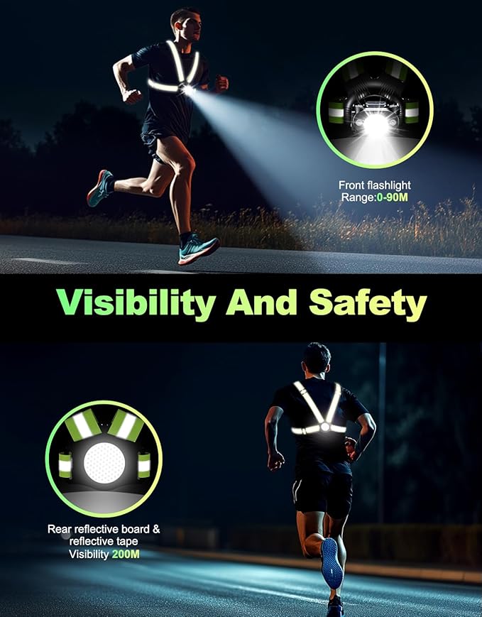Running Lights for Runners, 500 Lumens Running Light with 45° Adjustable Tilt, 360° Reflective Vest & IPX4 Waterproof Rechargeable Light Up Gear for Night Walking/Cycling/Jogging/Hiking