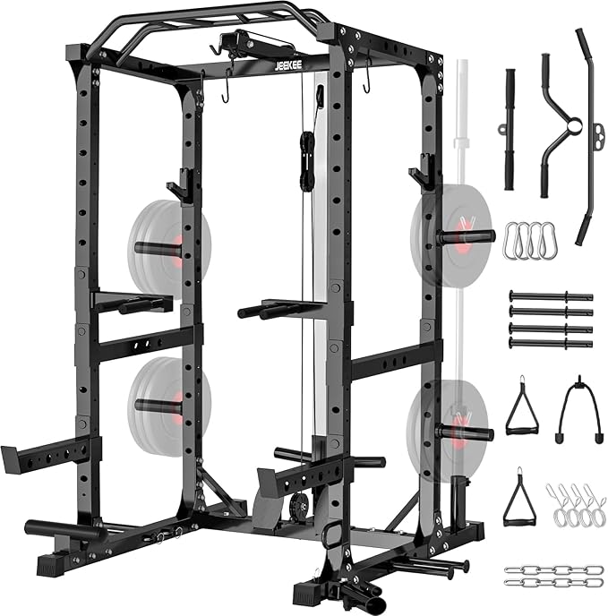 JEEKEE Power Cage,2000lbs Multi-Function Squat Rack, 2000lbs Power Rack with Cable Crossover System and 20+ Attachments