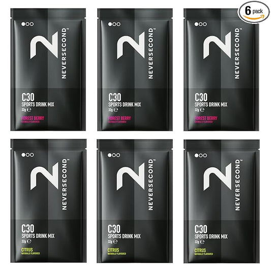 Neversecond C30 Sports Drink, High Performance Electrolyte Hydration & Carbohydrates, Never2 Sports Drink for Ultra Triathlons, Cycling, & Marathons (Single Servings, 6-Count Variety Pack)