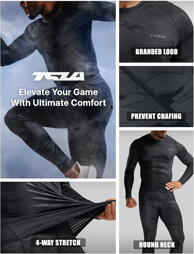 TSLA Men's UPF 50+ Compression Shirts, Cool Dry Long Sleeve Athletic Tops, Sports Baselayer Workout Shirt