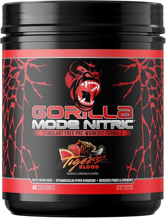 Gorilla Mind - Gorilla Mode Nitric Upgraded Stimulant Free Pre-Workout – Best Tasting and Most Effective Stimulant Free Pre-Workout/Massive Pumps · Vasodilation · Power / 784 Grams (Tigers Blood)