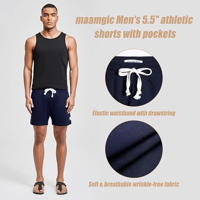 maamgic Mens Athletic Gym Shorts 5.5" Elastic Waist Casual Pajama Pocket Jogger Men Workout Short Pants