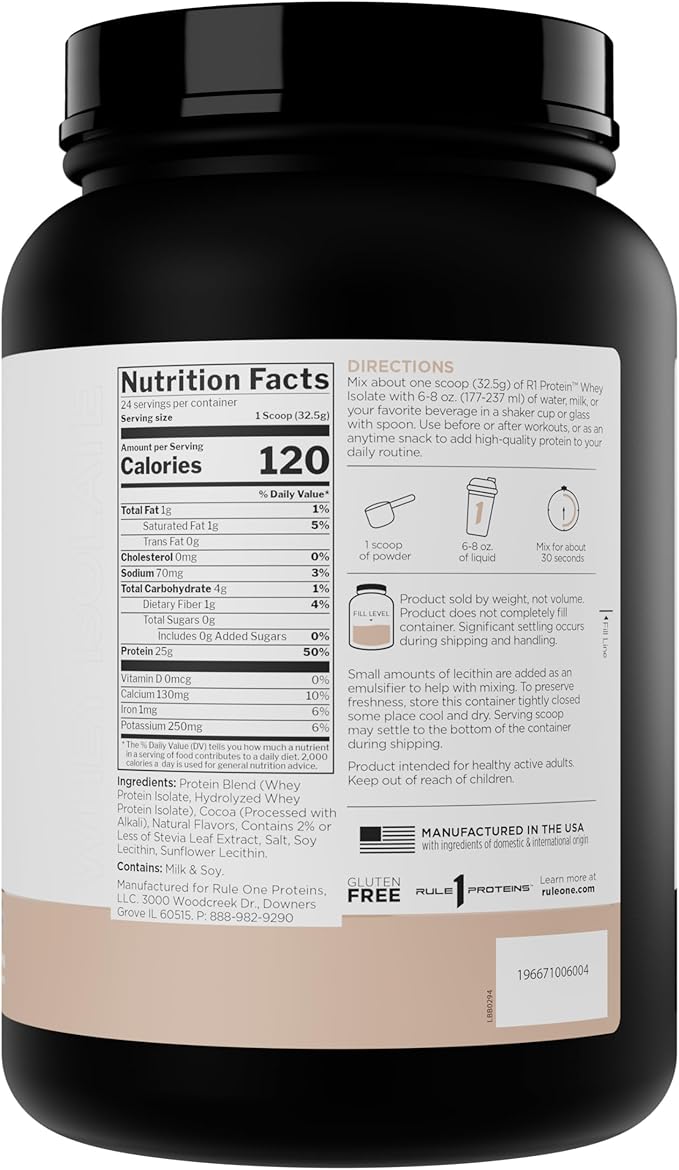 Rule 1 Naturally Flavored R1 Protein Whey Isolate - Clean Formula with 25g Protein & 6g BCAA Exclusively Isolated & Hydrolyzed Sources for Workout Recovery (1.7 Pounds*, Dark Chocolate)