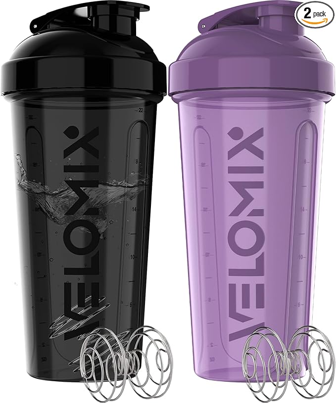VELOMIX -2 Pack- 28 oz Protein Shaker Bottles for Protein Mixes - 2x Wire Whisk | Leak Proof Shaker Cups for Protein Shakes | Protein Shaker Bottle Pack | Shakers for Protein Shakes-Purple&Black