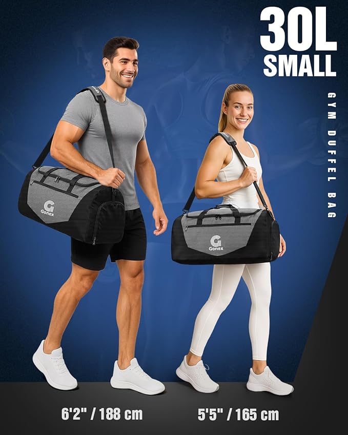 Gonex Gym Duffel Bag with Shoe Compartment Wet Pocket, Large Capacity Sports Duffle Bag for Men Women, Workout & Travel Bag with Multiple Pockets, Black/Gray, Small (30L)