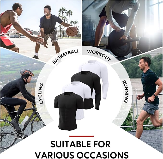 CL convallaria 4 Pack Compression Shirts Men Long Short Sleeve Cooling Dry Rash Guard Athletic Workout T Shirt for Sports