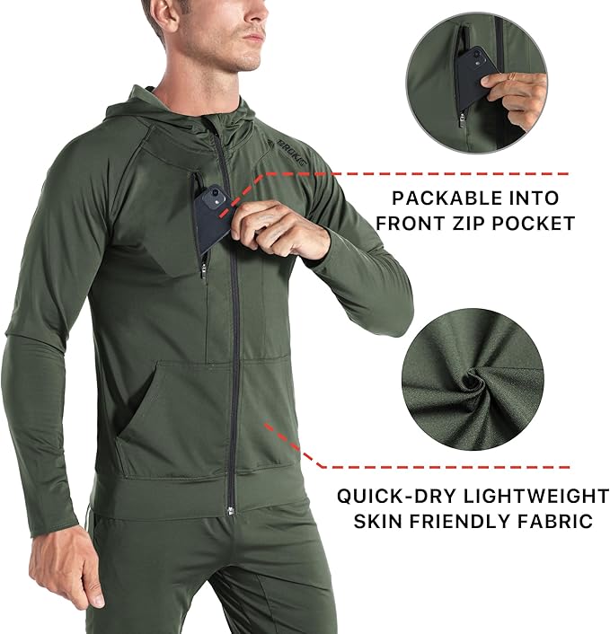 BROKIG Mens WindBreak Lightweight Running Jackets with Zip Pocket, Workout Track Hoodie Athletic Gym Sweatshirts Men
