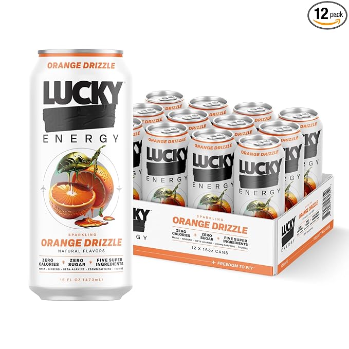 Lucky Energy Sugar Free Energy Drinks 16 Fl Oz Cans (12-Pack) Orange Drizzle with Maca, Ginseng, Taurine, Beta-Alanine, 200mg Caffeine