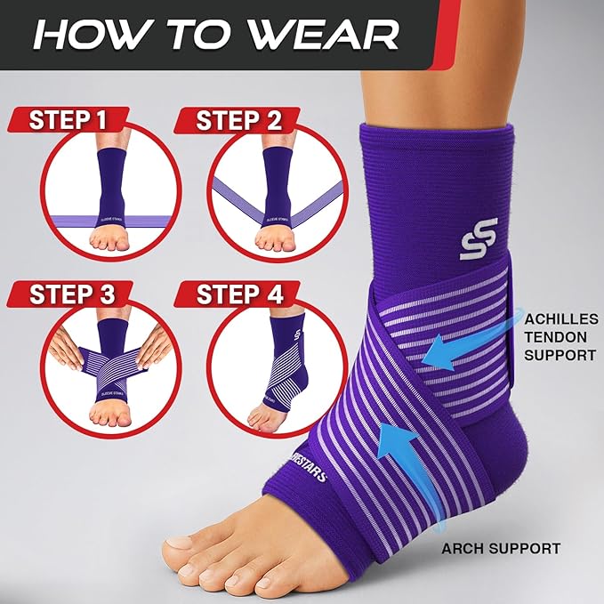 Sleeve Stars Ankle Brace for Women & Men, Ankle Wrap for Sprain, Compression Sleeve for Plantar Fasciitis Relief, Easy Customizable Support: w/ Removable Strap (Single/M:10"-12"/Dark Purple)