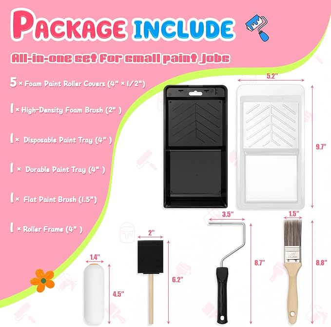 DIYSELF Paint Roller Kit - Foam Paint Roller 4 inch, Small Roller Paint Brush, Mini Rollers for Painting, Walls, Cabinets, Doors, House Painting Supplies, Professional Paint Roller Tray Set (10 Pack)