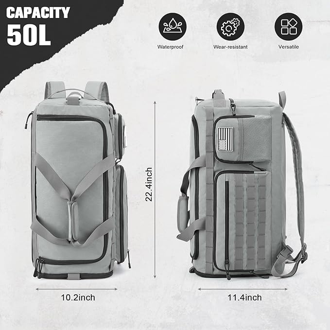 G4Free 3-in-1 Travel Duffle Bag for Men and Women, 50L Large Gym Sports Bags Tactical Military Duffle Backpack with Shoes Compartment and Wet Pocket (Grey)