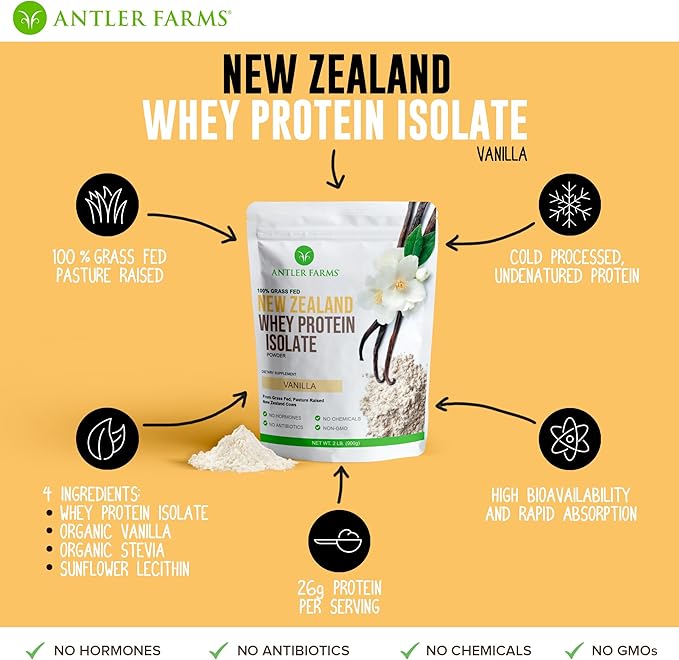 Antler Farms - 100% Grass Fed New Zealand Whey Protein Isolate, Vanilla Flavor, 2 lbs - Pure and Clean, 4 Ingredients, Delicious, Cold Processed