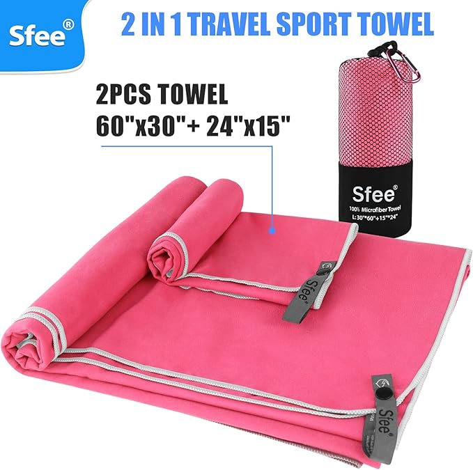 Sfee 2 Pack Microfiber Travel Towel, Quick Dry Towel Camping Towel Large Beach Towel Super Absorbent Compact Lightweight Sports Gym Towels for Gym, Hiking, Pool, Backpacking, Bath, Yoga