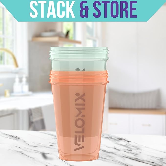 VELOMIX -2 Pack- 20 oz Protein Shaker Bottles for Protein Mixes - 2x Wire Whisk | Leak Proof Shaker Cups for Protein Shakes and Pre Workout | Protein Shaker Bottle Pack (Mint Glow)