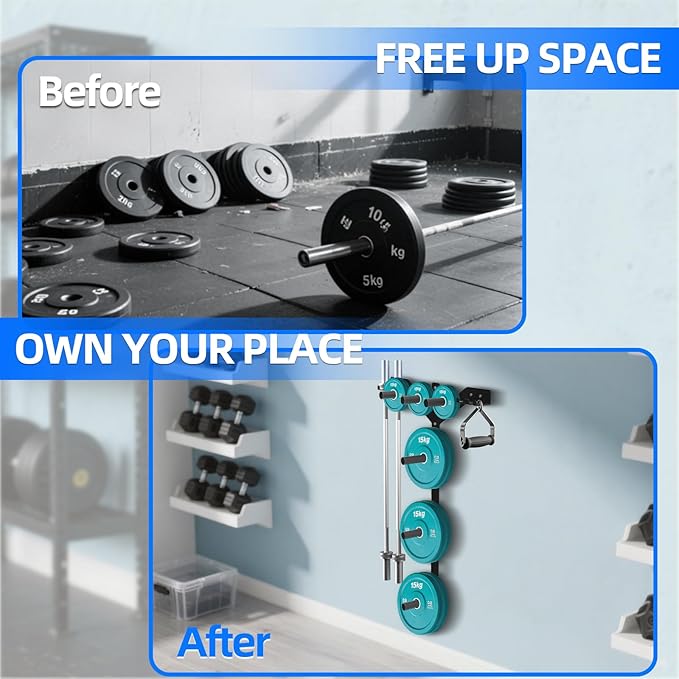 Wall Mounted Weight Plate Rack, 6 Pegs & 4 Barbell Storage Rack, 1190 LBS Capacity Weight Plate Holder, Wall Mounted Bumper Plate Storage for Home Garage Gym, Fit 2" Olympic, Rubber Protection Pads