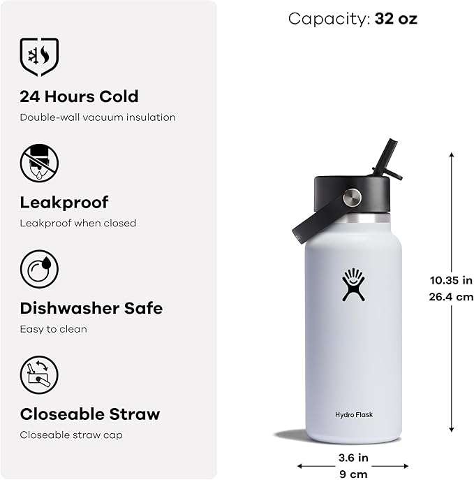 Hydro Flask Water Bottle - Insulated Stainless Steel - Wide Mouth Flex Straw Lid, Non Spill, Leakproof and Refillable in 32 Oz Holiday Punch