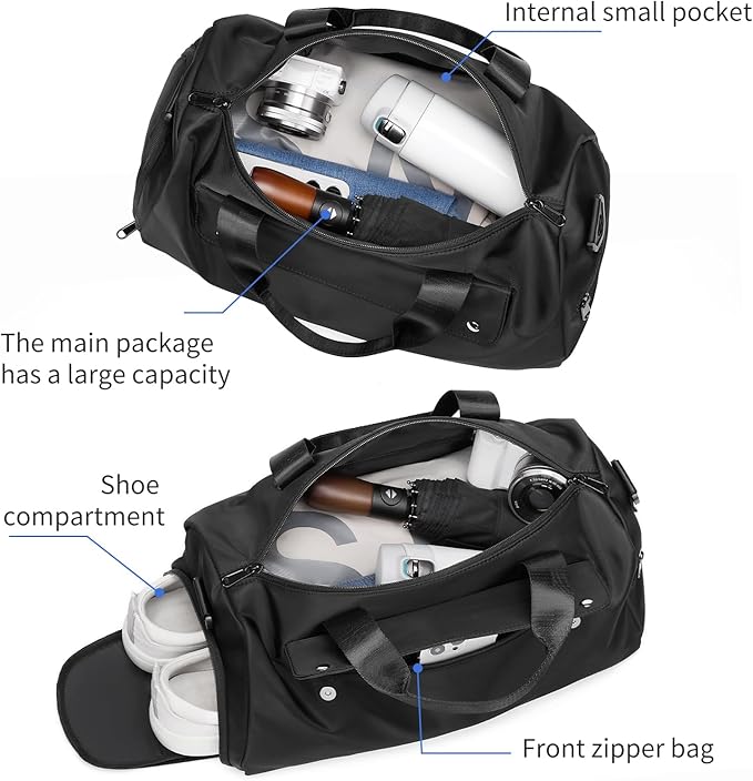 REEYEE Small Gym Bag, Black Waterproof Duffle Bag for Men Women, Cordura Workout Bag with Trolley Sleeve, Duffle Bag for Travel, Sports, Fitness, Training, Yoga, Hospital