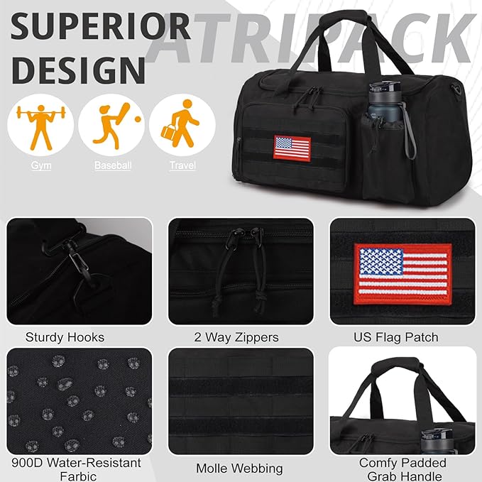 Tactical Gym Bag for Men, 40L Large Capacity Duffle Bags with Shoes Compartment, Sports Bag with wet compartment, Multi-functional Weekend Bags Suitable for Travel, Camping,hiking