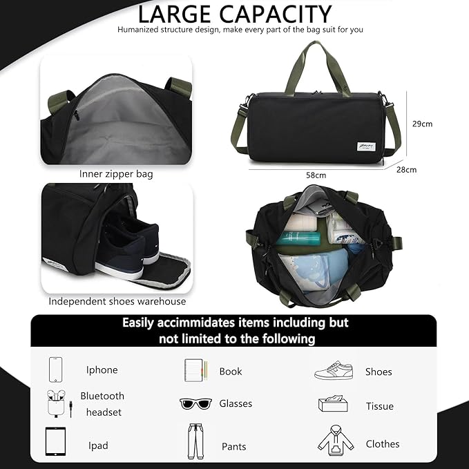 BE SMART Waterproof Mens Gym Bag with Shoe Compartment, Duffle Bags with Wet Pocket for Men, Lightweight Large Sport Duffel Option for Overnight Weekender, Fitness, Swim, Boxing,Travel