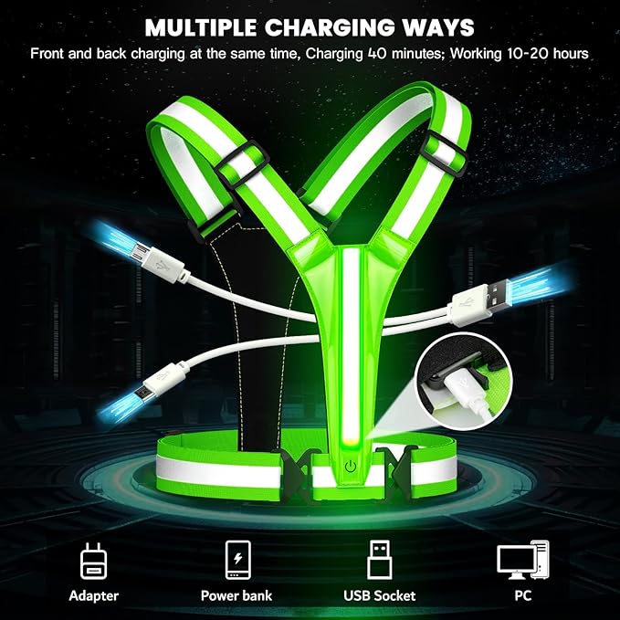 LED Reflective Running Vest Gear,Light Up Vest Runners Night Walking USB Rechargeable,Up to 11hrs Light with Adjustable Waist/Shoulder for Women Men Kids