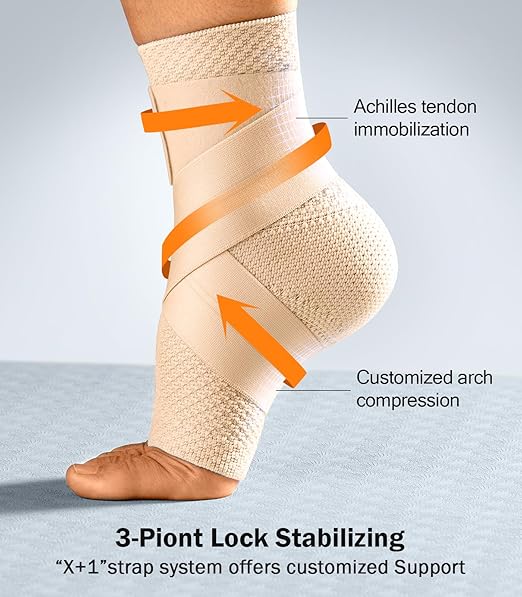 Flat Knitting Ankle Brace For Women&Men, 7-Zone Dynamic Compression Sleeve w/Flex Strap,Foot Support For Sports, Sprained Ankle, Achilles Tendonitis, Plantar Fasciitis Relief(Pack of1) XL,Nude