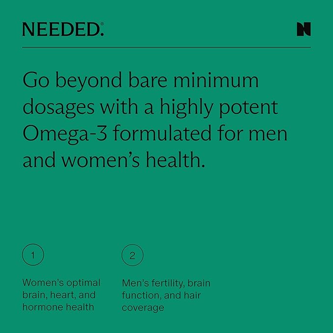 Needed. Prenatal Omega-3 - High Potency Dose of Sustainably Sourced Fish Oil, Lemon Zest Scented, 1000mg DHA, 1000mg EPA, Encased in a Gelatin-Free, Plant-Based Softgel Shell, 30-Day Supply