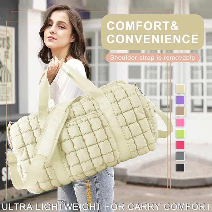 Quilted Travel Duffle Bag Gym Bag for Women,Large Puffer Duffle Weekender Bag with Compartment,Workout Overnight Carry on Organizer Bag Duffle Bag for Airplane Travel(L-Off-white)