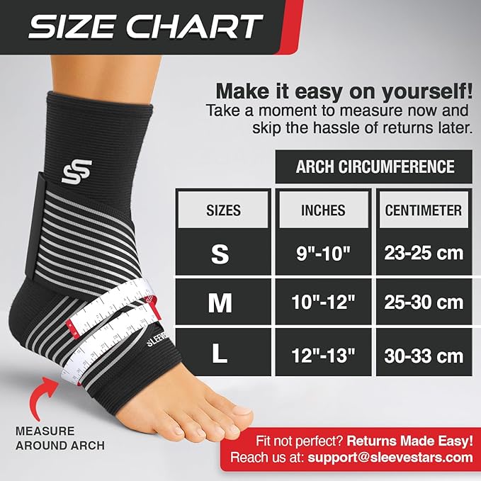 Sleeve Stars Ankle Brace for Women & Men, Ankle Wrap for Sprained Ankle, Compression Sleeve for Plantar Fasciitis Relief, Easy Customizable Support: w/Removable Strap (Single/S:9"-10"/Black)