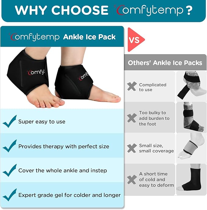 Comfytemp Ankle Ice Pack Wrap for Swelling, Plantar Fasciitis, Foot Pain Relief, Gel Packs for Injury Reusable, Hot Cold Compress for Achilles Tendonitis, Heel Spur, Sprain, Swelling, 2 Packs (Black)