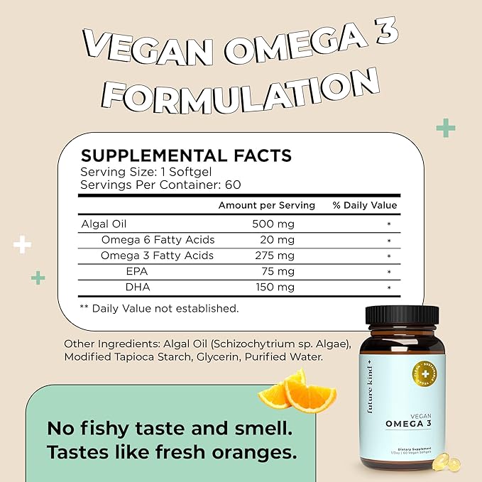 Future Kind Vegan Omega 3 Supplement - Glass Bottle, Carrageenan-Free Algae, DHA & EPA for Joint & Mood Support - 2 Month Supply for Kids & Adults