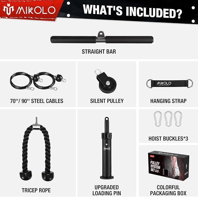 Mikolo Fitness LAT and Lift Pulley System, Dual Cable Machine(70'' and 90'') with Upgraded Loading Pin for Triceps Pull Down, Biceps Curl, Back, Forearm, Shoulder-Home Gym Equipment(Patent)