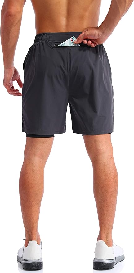 Pudolla Men’s 2 in 1 Running Shorts 5" Quick Dry Gym Athletic Workout Shorts for Men with Phone Pockets