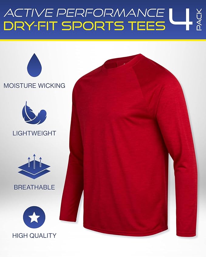 iXtreme Mens Athletic Shirts - 4 Pack Moisture Wicking Long Sleeve Dri Fit Shirts for Men - Workout Tops & Activewear (S-3X)