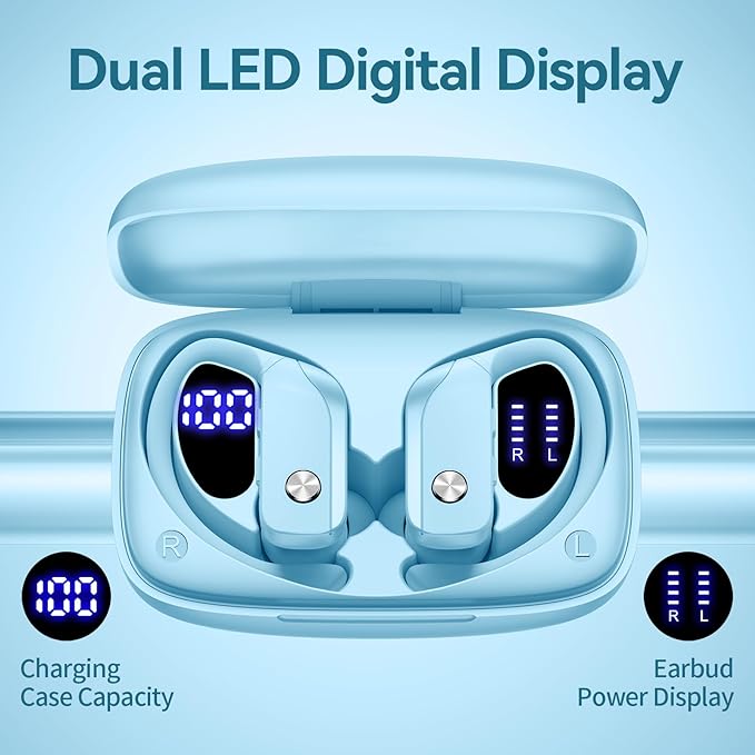 bmani Ear Buds Wireless Earbuds Bluetooth Headphones with 80H Playtime LED Display Case, Over-Ear Hook with Mic, Stereo Sound, Easy Button Controls, Sports Earphones for Running Workout Sky Blue