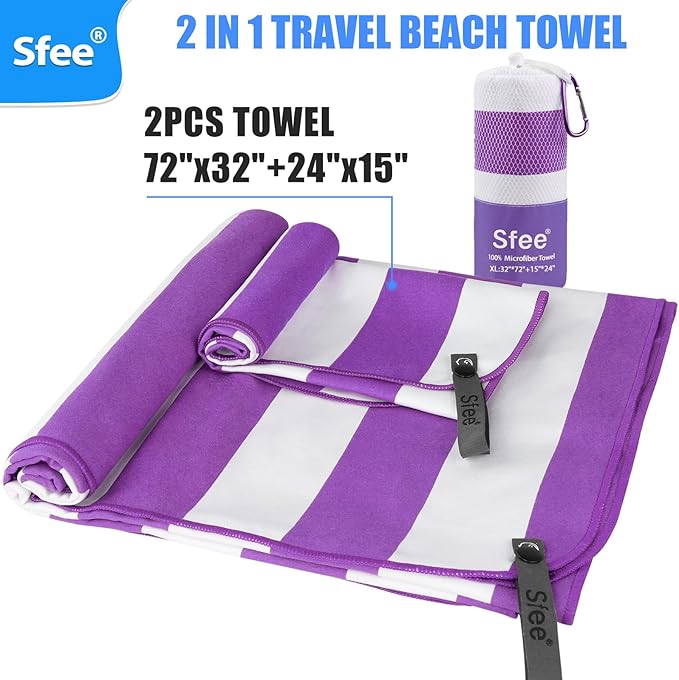 Sfee 2 in 1 Microfiber Oversized Beach Towel, Quick Dry Travel Towel Camping Towel Super Absorbent Compact Lightweight Sports Gym Towel for Beach,Gym, Hiking, Pool, Backpacking, Bath, Yoga