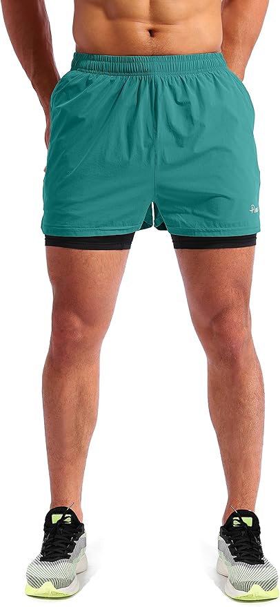 Pudolla Men’s 2 in 1 Running Shorts 5" Quick Dry Gym Athletic Workout Shorts for Men with Phone Pockets