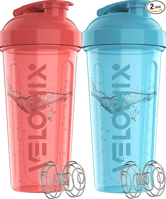 VELOMIX -2 Pack- 28 oz Protein Shaker Bottles for Protein Mixes - 2x Wire Whisk | Leak Proof Shaker Cups for Protein Shakes and Pre Workout | Protein Shaker Bottle Pack (Blue/Pink)