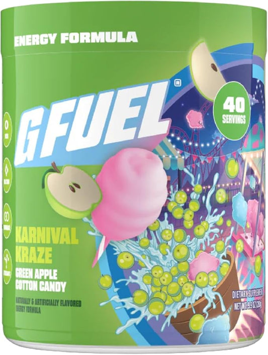G Fuel Karnival Kraze Energy Drink Powder, Pre Workout Caffeine Mix for Gaming, Sugar Free Focus Amino, Vitamin + Antioxidants, 9.9oz (Green Apple Cotton Candy, 40 Servings)
