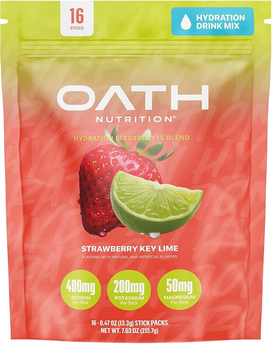 Oath Nutrition Hydration Electrolyte Powder, Complete Electrolyte Blend for Rapid Hydration and Muscle Support, 16 Single-Serve Packets, Strawberry Key Lime