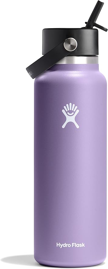 Hydro Flask Water Bottle - Insulated Stainless Steel - Wide Mouth Flex Straw Lid, Non Spill, Leakproof and Refillable in 40 Oz Moonshadow